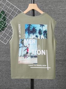 SHEIN 男孩字母圖案背心上衣 - 軍綠色 - 查看 1