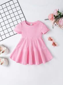 SHEIN Vestido Para Bebé Niña Con Dobladillo De Volantes Sólido - Rosa Pálido - Ver 1