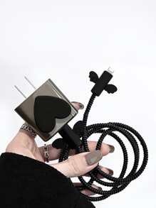 5 Stücke Herz Dekor, Datenkabelschutz & Ladekopf mit Bezug Set - Schwarz - Übersicht 1