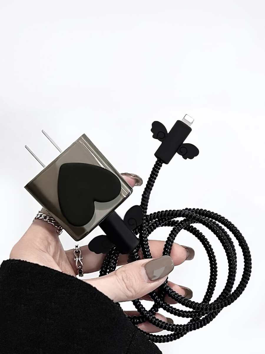 5 Stücke Herz Dekor, Datenkabelschutz & Ladekopf mit Bezug Set - Schwarz - Übersicht 1