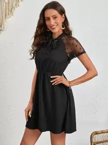 SHEIN Clasi Contrast Dobby Mesh Raglan Sleeve Tie Neck Dress - Black - View 1