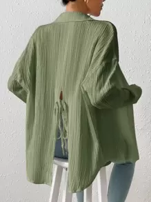 SHEIN Frenchy Áo sơ mi nữ Chia Buộc lại Nút phía trước màu trơn Giải trí - màu xanh lá - Xem 3