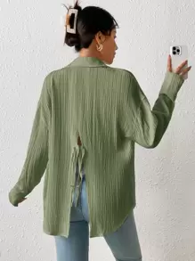 SHEIN Frenchy Áo sơ mi nữ Chia Buộc lại Nút phía trước màu trơn Giải trí - màu xanh lá - Xem 1
