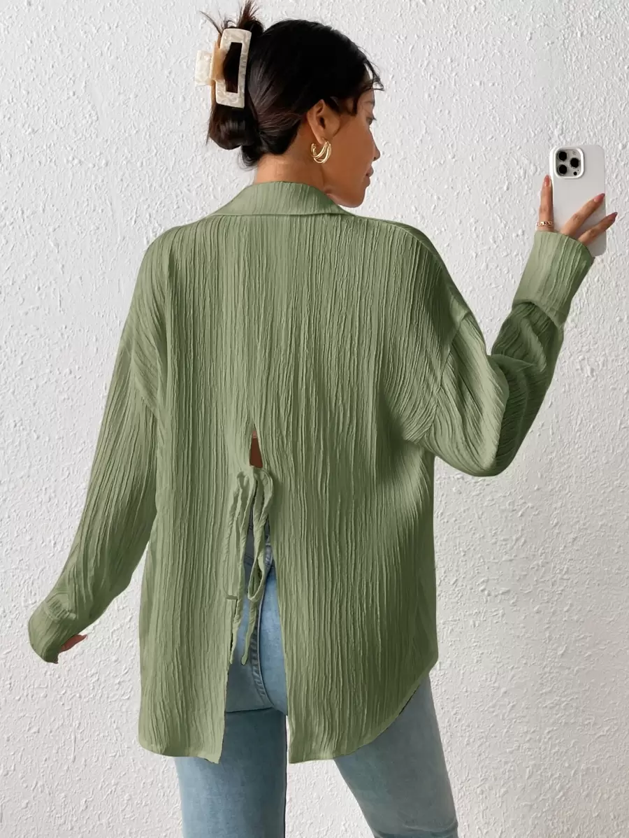 SHEIN Frenchy Áo sơ mi nữ Chia Buộc lại Nút phía trước màu trơn Giải trí - màu xanh lá - Xem 1