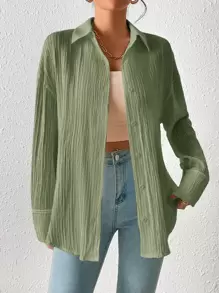 SHEIN Frenchy Áo sơ mi nữ Chia Buộc lại Nút phía trước màu trơn Giải trí - màu xanh lá - Xem 5