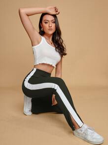 SHEIN EZwear 拼接側邊接縫下擺開叉長褲 - 橄欖綠 - 查看 3