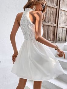 SHEIN Frenchy Contrast Lace Halter Neck Dress - White - View 2