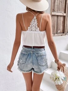 SHEIN Frenchy 拼接水溶蕾絲吊帶上衣 - 白色 - 查看 7