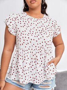 SHEIN Dreamara Plus Polka Dot & Heart Print Butterfly Sleeve Peplum Blouse - Multicolor - View 1