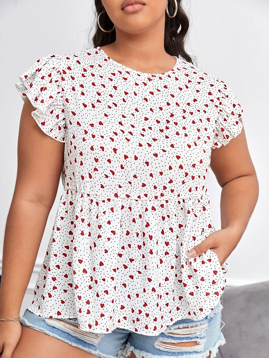 SHEIN Dreamara Plus Polka Dot & Heart Print Butterfly Sleeve Peplum Blouse - Multicolor - View 1