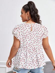 SHEIN Dreamara Plus Polka Dot & Heart Print Butterfly Sleeve Peplum Blouse - Multicolor - View 2