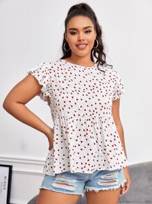 SHEIN Dreamara Plus Polka Dot & Heart Print Butterfly Sleeve Peplum Blouse - Multicolor - View 4