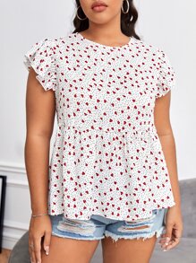 SHEIN Dreamara Plus Polka Dot & Heart Print Butterfly Sleeve Peplum Blouse - Multicolor - View 5