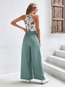 SHEIN Frenchy 女士时尚休闲拼接印花连体裤 - 青碧色 - 查看 2