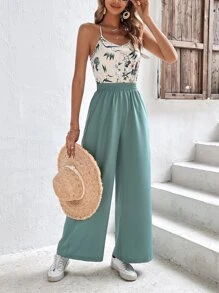 SHEIN Frenchy 女士时尚休闲拼接印花连体裤 - 青碧色 - 查看 5