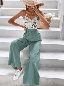 SHEIN Frenchy 女士时尚休闲拼接印花连体裤 - 青碧色 - 查看 3