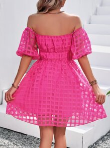 SHEIN VCAY 一字肩泡泡袖胸部褶皺洋裝 - 玫紅色 - 查看 2