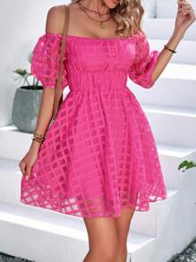 SHEIN VCAY 一字肩泡泡袖胸部褶皺洋裝 - 玫紅色 - 查看 3