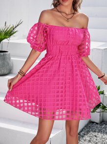 SHEIN VCAY 一字肩泡泡袖胸部褶皺洋裝 - 玫紅色 - 查看 4