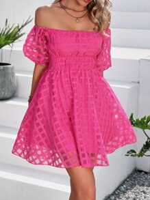 SHEIN VCAY 一字肩泡泡袖胸部褶皺洋裝 - 玫紅色 - 查看 5