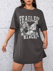 SHEIN EZwear Áo thun Plus size Thú vật Lá thư Giải trí - Màu xám đen - Xem 1