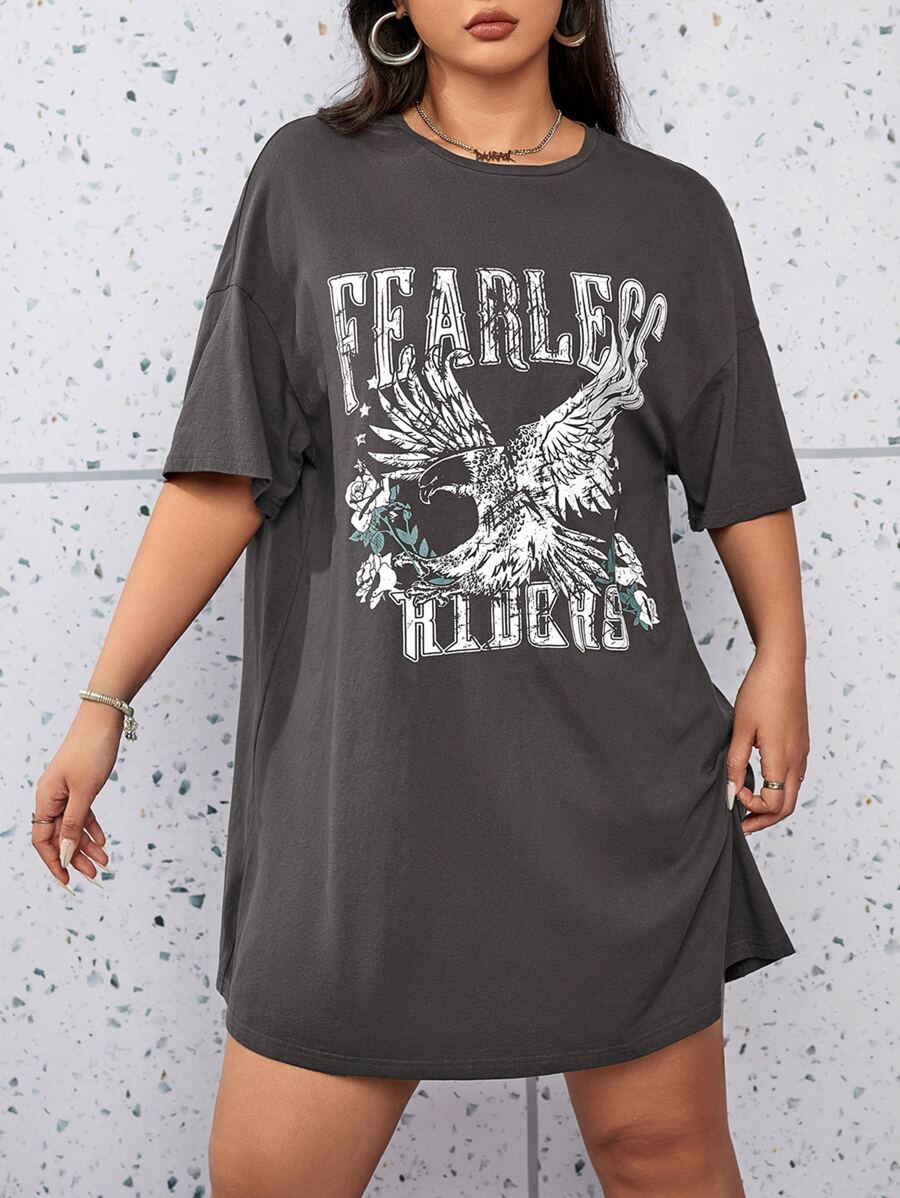 SHEIN EZwear Áo thun Plus size Thú vật Lá thư Giải trí - Màu xám đen - Xem 1