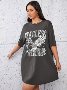 SHEIN EZwear Áo thun Plus size Thú vật Lá thư Giải trí - Màu xám đen - Xem 3