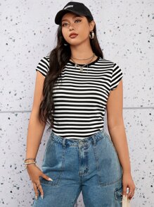 SHEIN EZwear Áo thun Plus size Sọc Giải trí - Đen và trắng - Xem 1