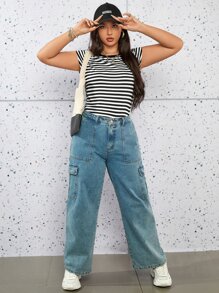SHEIN EZwear Áo thun Plus size Sọc Giải trí - Đen và trắng - Xem 5