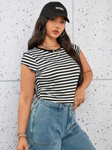 SHEIN EZwear Áo thun Plus size Sọc Giải trí - Đen và trắng - Xem 4