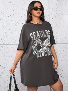 SHEIN EZwear Áo thun Plus size Thú vật Lá thư Giải trí - Màu xám đen - Xem 4