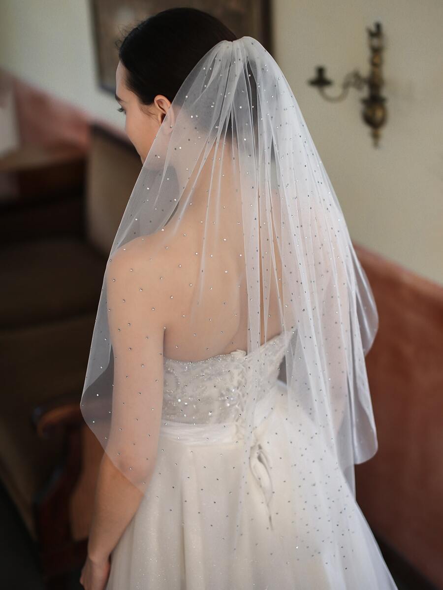 Mạng che mặt cô dâu đính đá Rhinestone kèm lược chải tóc - trắng - Xem 1