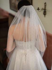 Mạng che mặt cô dâu đính đá Rhinestone kèm lược chải tóc - trắng - Xem 5