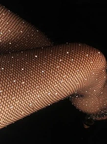 1pair Rhinestone Nude Fishnet Elastic Stockings Tights Pantyhose - Black - View 2