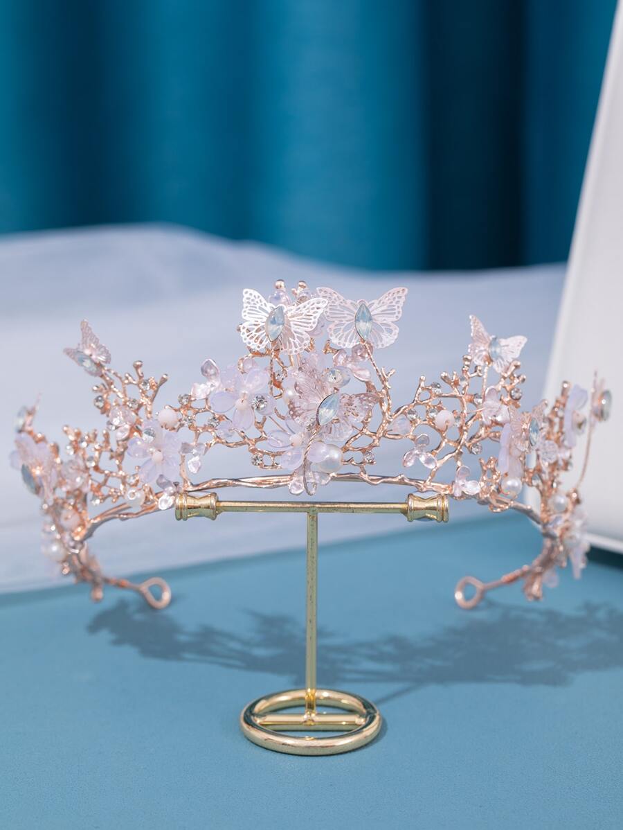 Butterfly Decor Bridal Headband - Rose Gold - View 1