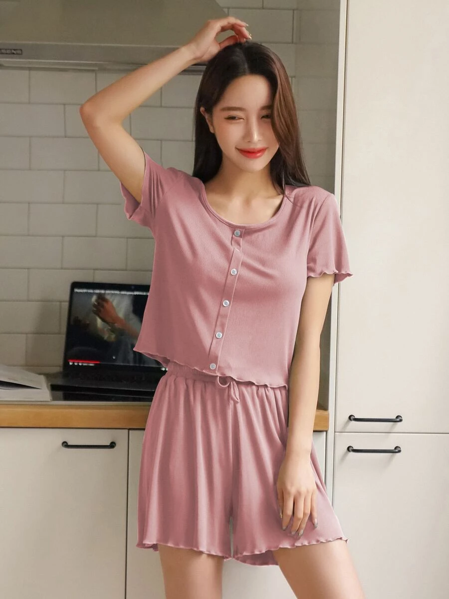 DAZY Set homewear ribete en forma de lechuga con botón delantero - Rosa - Ver 1