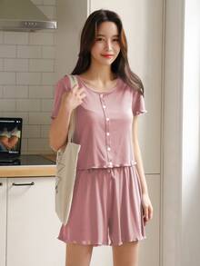 DAZY Set homewear ribete en forma de lechuga con botón delantero - Rosa - Ver 3