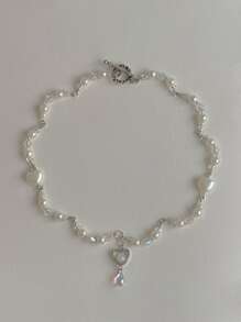 1 件时尚人造珍珠装饰心形和水滴吊坠项链，适合女士日常装饰情人节