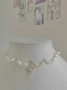 1 chiếc vòng cổ trang trí hình trái tim và giọt nước bằng ngọc trai giả thời trang dành cho phụ nữ để trang trí hàng ngày cho ngày lễ tình nhân - Vàng - Xem 1