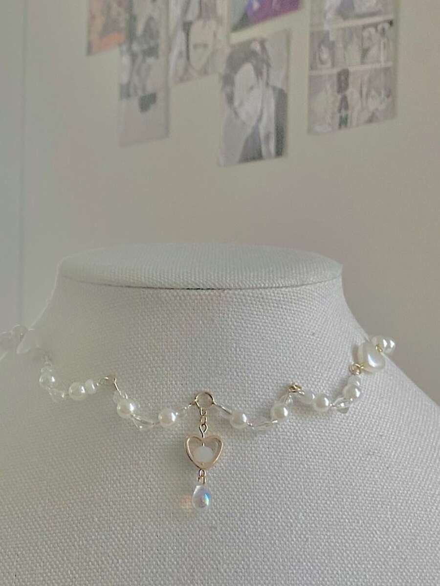 1 chiếc vòng cổ trang trí hình trái tim và giọt nước bằng ngọc trai giả thời trang dành cho phụ nữ để trang trí hàng ngày cho ngày lễ tình nhân - Vàng - Xem 1