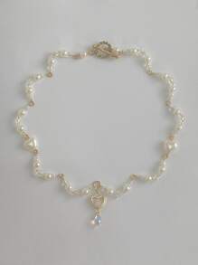 1 chiếc vòng cổ trang trí hình trái tim và giọt nước bằng ngọc trai giả thời trang dành cho phụ nữ để trang trí hàng ngày cho ngày lễ tình nhân - Vàng - Xem 2