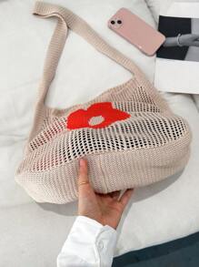 花朵圖案鉤針包大容量度假時尚鏤空設計花卉細節鉤針單肩包大容量編織購物袋簡約素色海灘收納包，輕便洗漱包，女式挎包耐用 EVA 戶外露營包海灘包粉色包大號 1200 克 - 杏色 - 查看 4