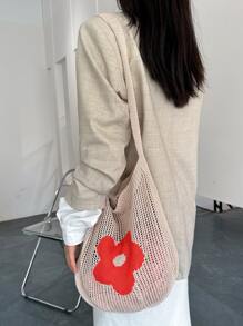 花朵圖案鉤針包大容量度假時尚鏤空設計花卉細節鉤針單肩包大容量編織購物袋簡約素色海灘收納包，輕便洗漱包，女式挎包耐用 EVA 戶外露營包海灘包粉色包大號 1200 克 - 杏色 - 查看 6