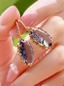 1 Pair Sparkling Cubic Zirconia Decorated Earrings, Suitable For Women To Attend Parties - Purple - View 3