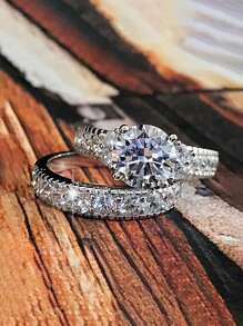 2 Unids/set De Anillos De Circonia Cúbica De Lujo Para Mujer, Joyería Para Fiesta Y Boda, Regalo Del Día De San Valentín - Plateado - Ver 1