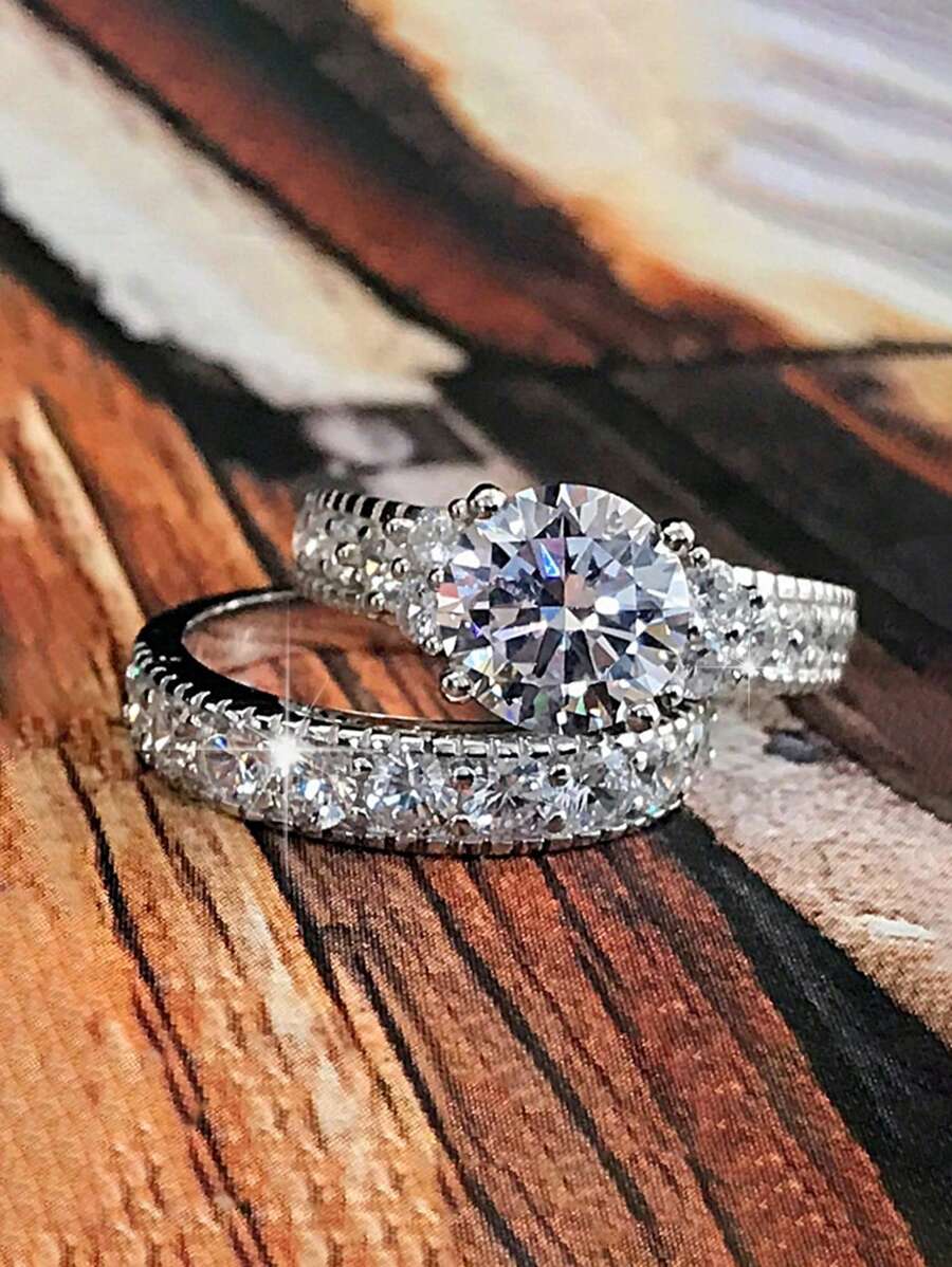 2 Unids/set De Anillos De Circonia Cúbica De Lujo Para Mujer, Joyería Para Fiesta Y Boda, Regalo Del Día De San Valentín - Plateado - Ver 1