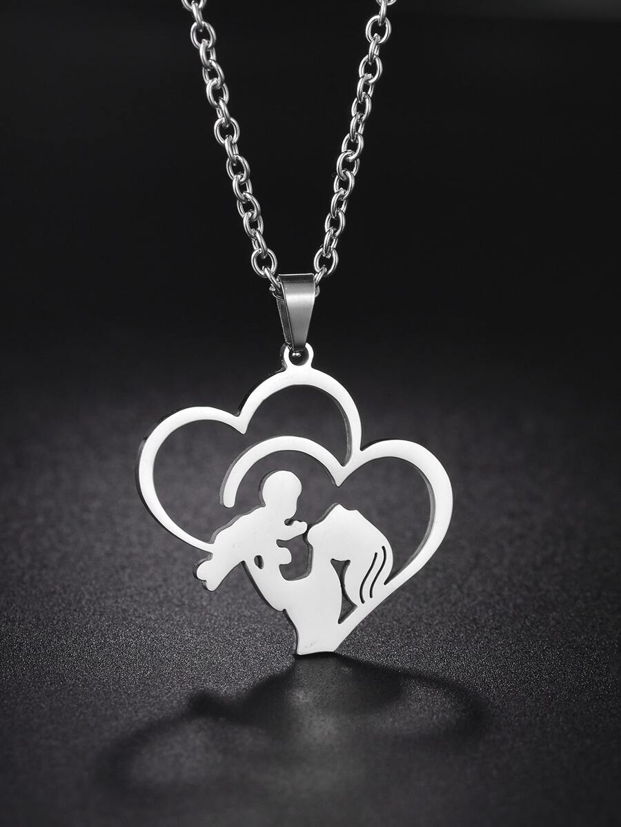 1入組時尚不銹鋼心和人像吊墜項鍊適用於女士適用於母親節 - 銀色 - 查看 1
