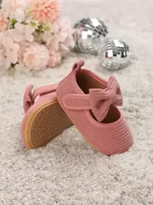 學院粉色瑪麗珍鞋適用於女孩嬰兒蝴蝶結裝飾貼布裝飾平底鞋