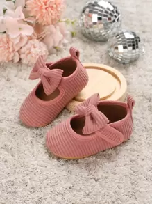 學院粉色瑪麗珍鞋適用於女孩嬰兒蝴蝶結裝飾貼布裝飾平底鞋