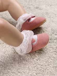 學院粉色瑪麗珍鞋適用於女孩嬰兒蝴蝶結裝飾貼布裝飾平底鞋